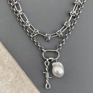 NEW 2 layered silver necklaces, steel NON TARNISH CHAIN, plated barbed wire PUNK